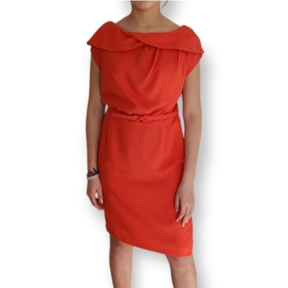 Escada Silk Belted Collared Knee Length Dress Orange Womens 38